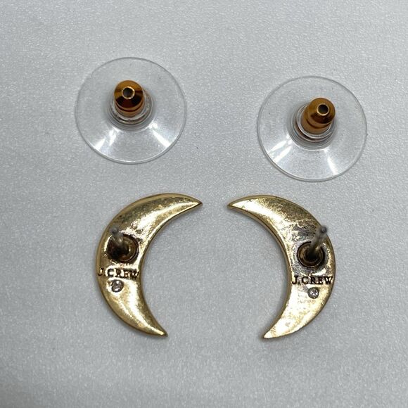 J. Crew Pavé Crystal Moon Stud Earrings Celestial Boho Dainty Gold Tone Crescent - Picture 2 of 8